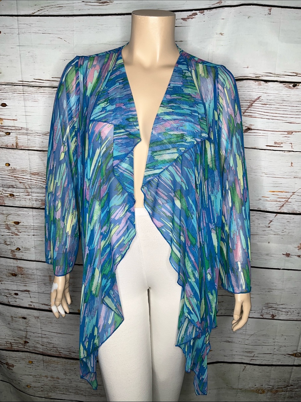 Antthony Size 2X Blue Printed Drape Open Front Mesh Cardigan Jacket